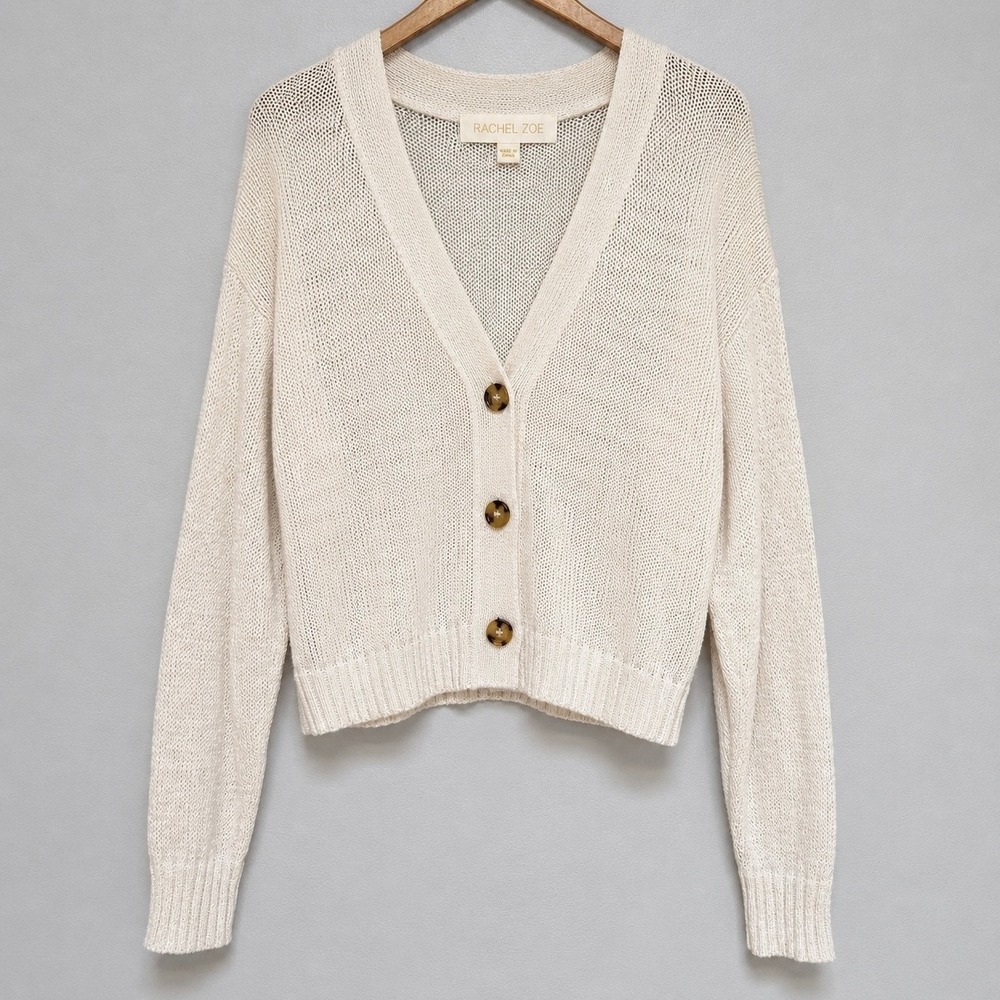 Rachel Zoe Womens XL Cream Cotton Open Knit Cropped Cardigan Sweater